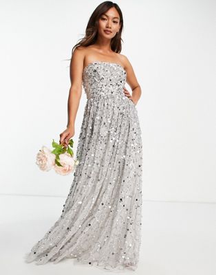 Maya Bridesmaid maxi bandeau wedding dress in all over 3D soft grey sequins - ASOS Price Checker