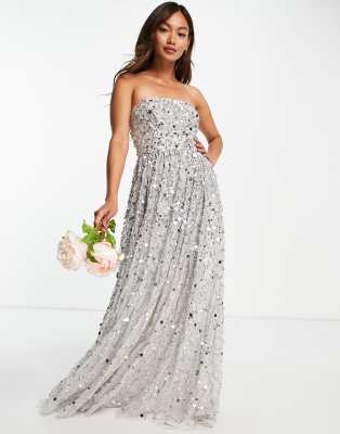 Maya Bridesmaid maxi bandeau wedding dress in all over 3D soft grey sequins - ASOS Price Checker