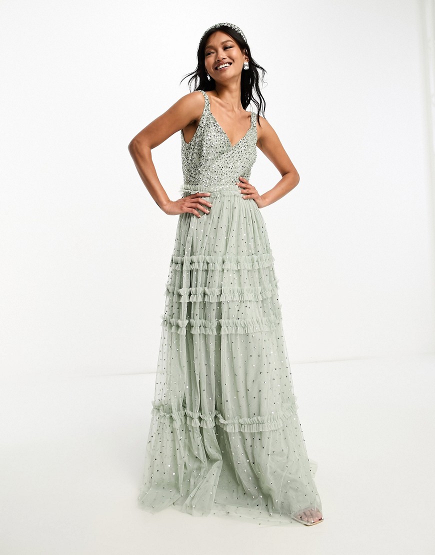 Maya Bridesmaid maxi tulle dress with tonal delicate sequin and full skirt in sage green co ord