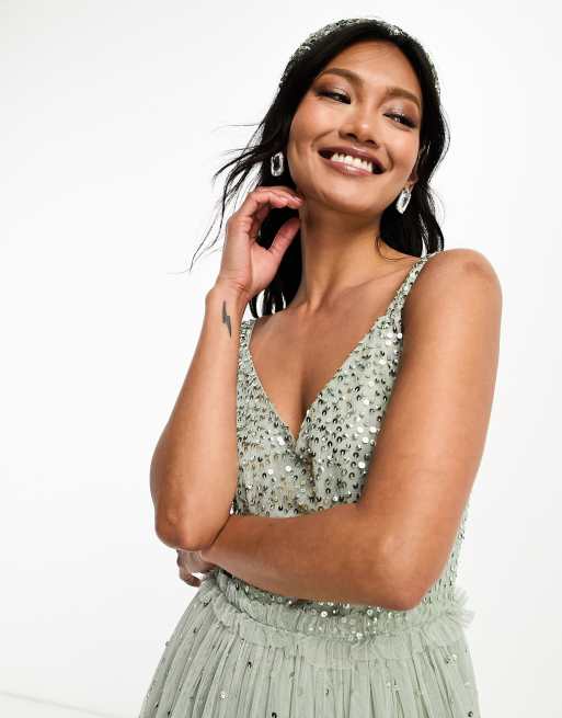 Green Sage Sequin Bridesmaid Dress Maya Bridesmaid Maxi Tulle Dress With  Tonal Delicate Sequin And Full Skirt In Sage Green Co Ord ASOS