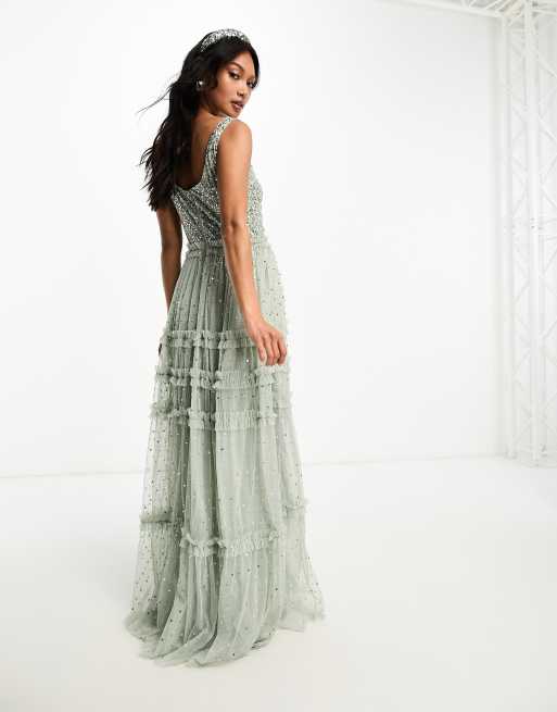 Maya Bridesmaid maxi tulle dress with tonal delicate sequin and full skirt in sage green Part of a set