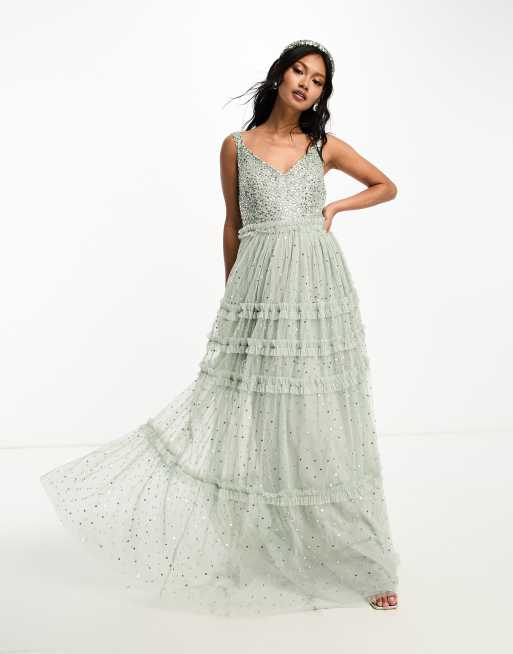 Maya Bridesmaid maxi tulle dress with tonal delicate sequin and full skirt in sage green Part of a set