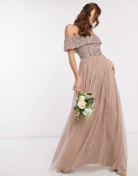 Maya – Bridesmaid – Maxi-Tüllkleid mit Bardot-Ausschnitt und farblich passenden, feinen Pailletten in Helltaupe