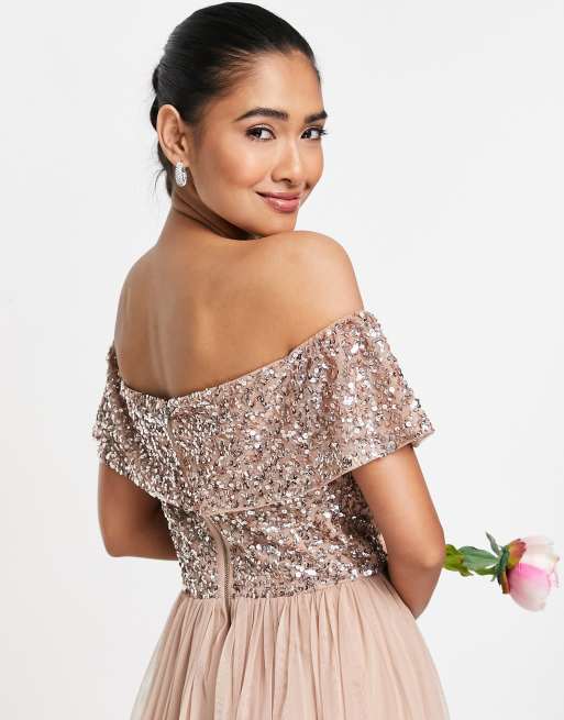 Maya Bridesmaid Maxi Tullkleid mit Bardot Ausschnitt und farblich passenden feinen Pailletten in zartem Blush ASOS