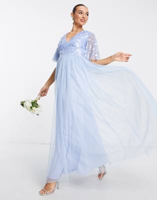 Maya - Bridesmaid - Maxikleid in Blau mit Flatterärmeln und Pailletten