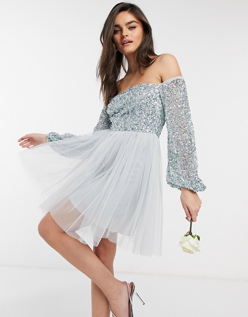 Maya Bridesmaid off shoulder delicate sequin long sleeve mini tulle prom dress in blue