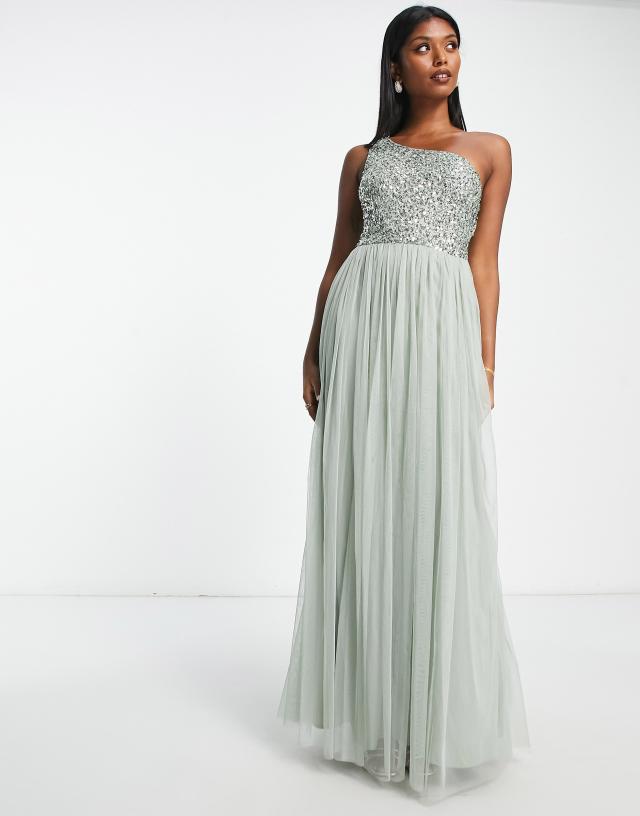 Maya Bridesmaid one shoulder sequin maxi dress in sage green