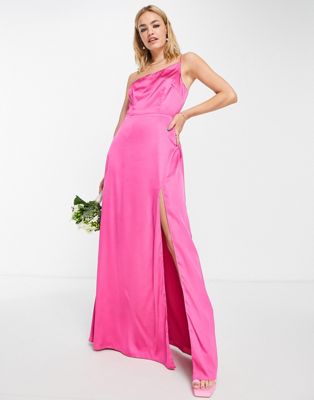 Bridesmaid one shoulder thigh split dress in bright fuchsia pink