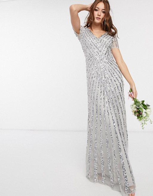 Maya Bridesmaid plunge front all over embellished maxi dress in silver