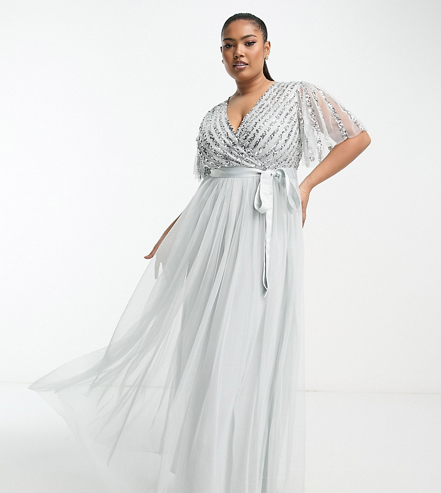 Maya Bridesmaid Plus stripe sequin maxi dress in pale grey