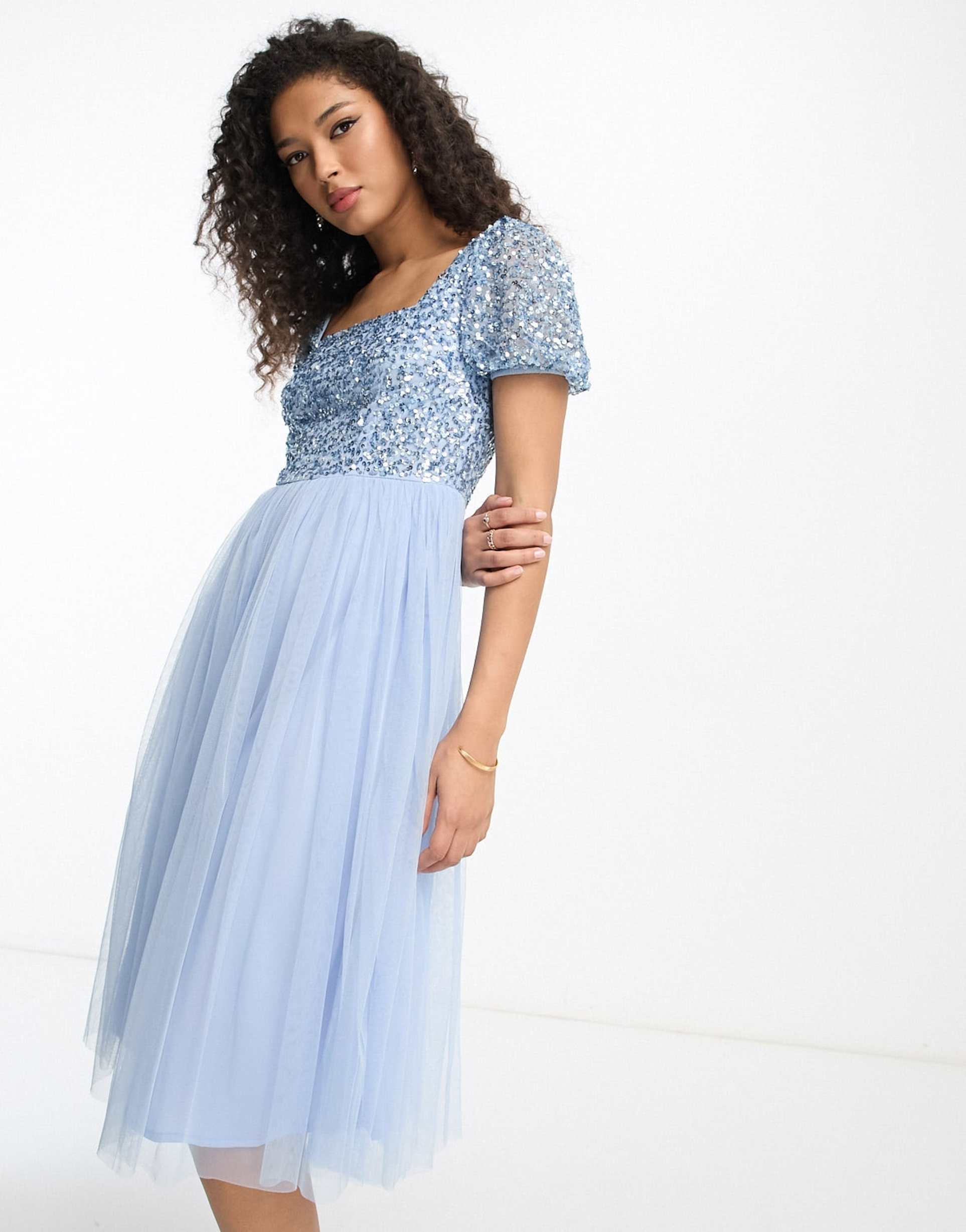 maya bridesmaid puff sleeve midi dress in baby blue