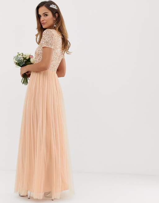 Maya Bridesmaid Robe De Demoiselle D Honneur Longue A Encolure En V Ornee De Sequins Delicats Peche Doux Asos