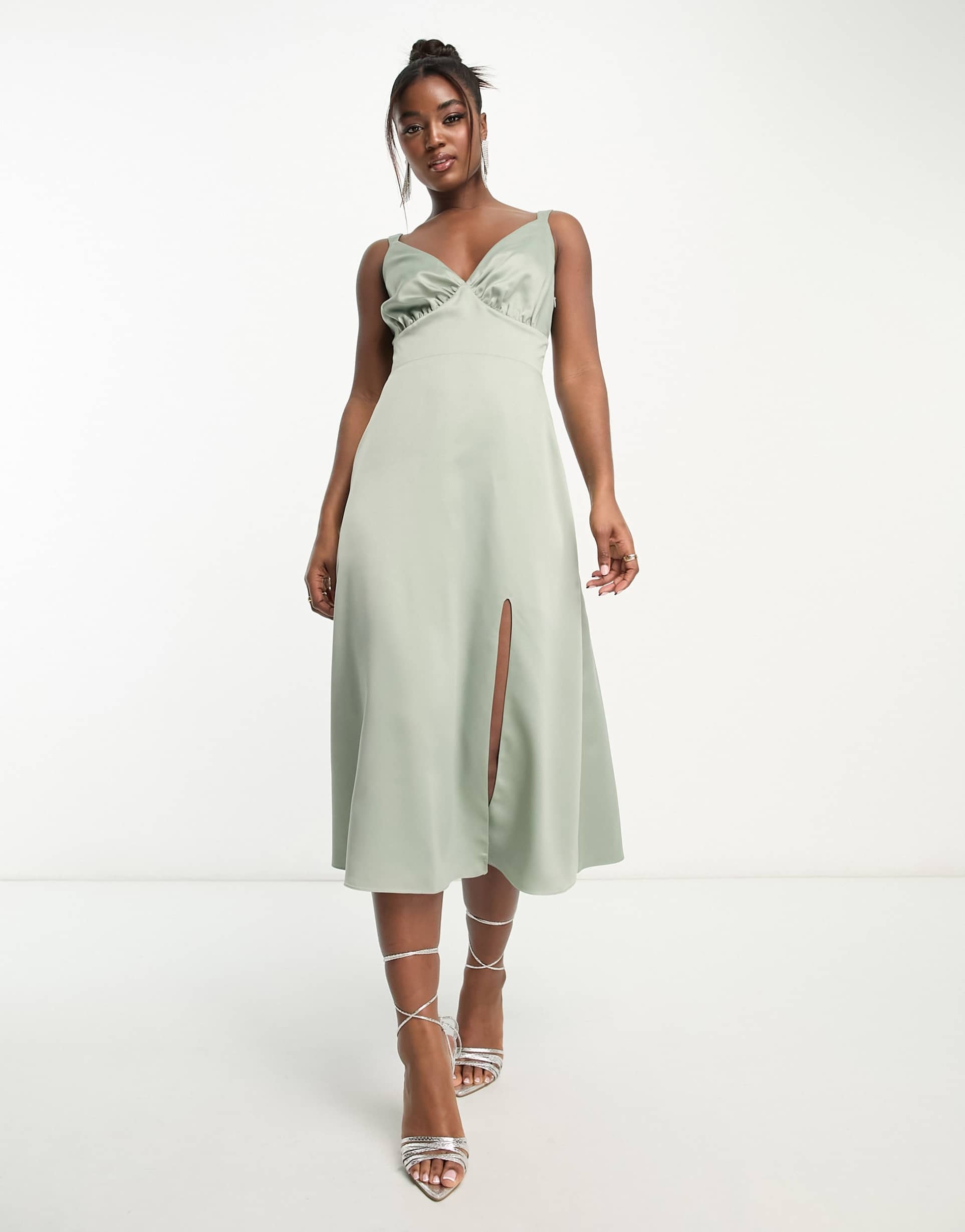 maya bridesmaid satin midi dress with split in sage green