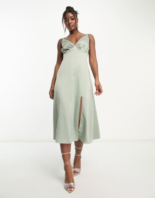 Maya Bridesmaid satin midi dress with split in sage green