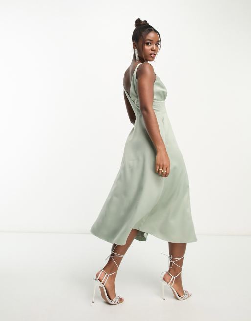 Maya Bridesmaid satin midi dress with split in sage green