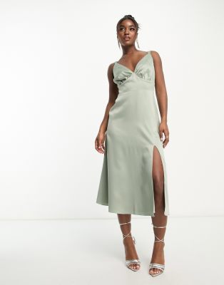 Maya Bridesmaid satin midi dress with split in sage green | ASOS