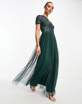 Maya Bridesmaid Short Sleeve Maxi Tulle Dress With Tonal Delicate Sequins In Emerald Green