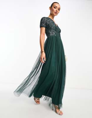 Maya Bridesmaid short sleeve maxi tulle dress with tonal delicate sequins in emerald green