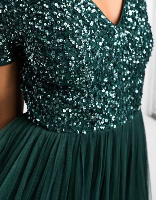 Maya Bridesmaid short sleeve maxi tulle dress with tonal delicate sequins in emerald green