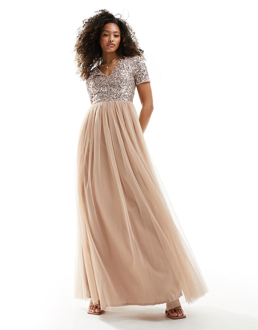 Maya Bridesmaid short sleeve maxi tulle dress with tonal delicate sequins in muted blush-Neutral