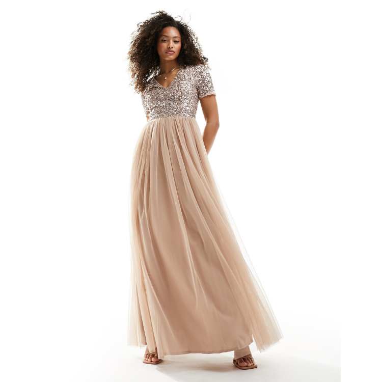 Maya cap sleeve midaxi dress with shop applique delicate sequins in taupe blush