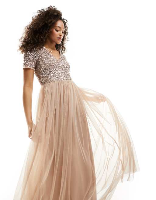 Maya Bridesmaid long sleeve maxi tulle dress with tonal delicate sequin in  muted blush