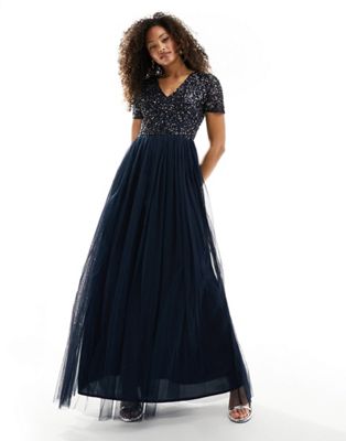 Maya Bridesmaid short sleeve maxi tulle dress with tonal delicate sequins in navy - ASOS Price Checker