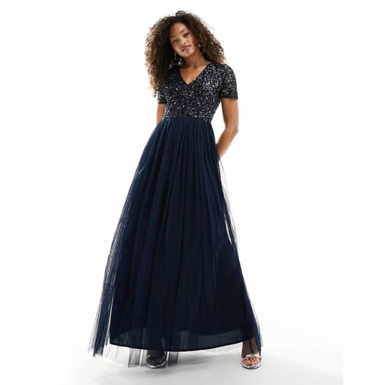 Maxi tulle dress with tonal delicate sequins best sale