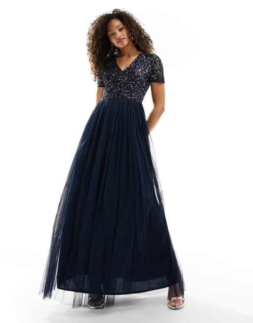 Maya Bridesmaid long sleeve maxi tulle dress with tonal delicate