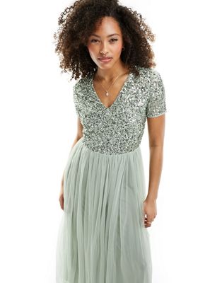 Maya Bridesmaid Short Sleeve Maxi Tulle Dress With Tonal Delicate Sequins In Sage Green
