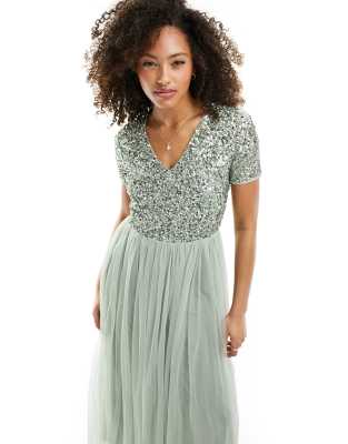 Maya Bridesmaid Short Sleeve Maxi Tulle Dress With Tonal Delicate Sequins In Sage Green