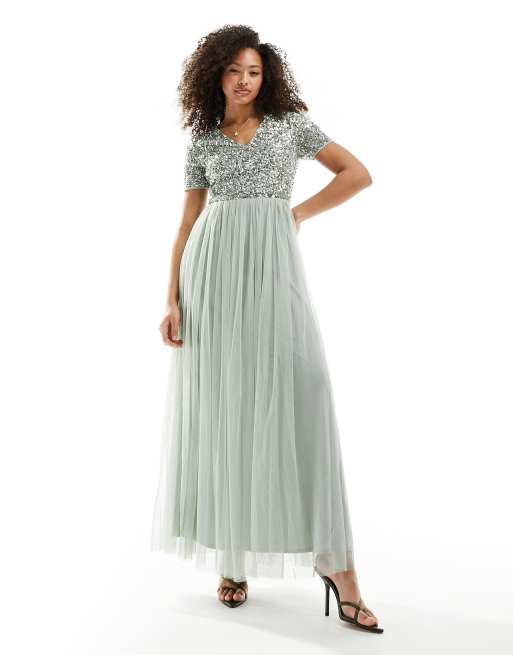 Maya Bridesmaid short sleeve maxi tulle dress with tonal delicate sequins in sage green