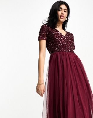 Bridesmaid short sleeve maxi tulle dress with tonal delicate sequins in wine-Red