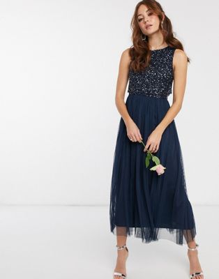 MAYA BRIDESMAID SLEEVELESS MIDAXI TULLE DRESS WITH TONAL DELICATE SEQUIN OVERLAY IN NAVY,PL1-11-98