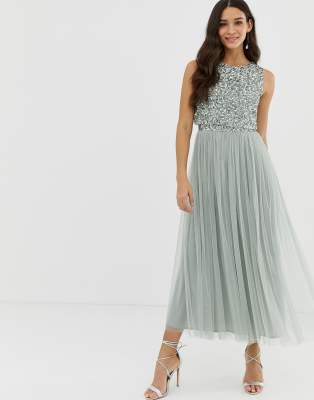 grey embroidered bardot dip hem dress