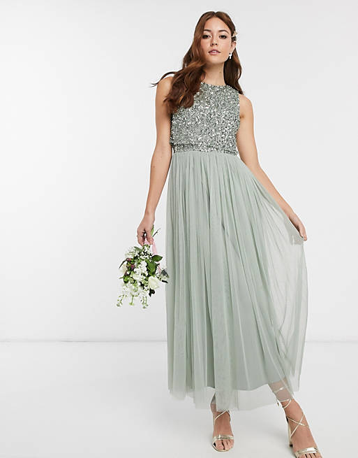 Women Maya Bridesmaid sleeveless midaxi tulle dress with tonal delicate sequin overlay in sage green 