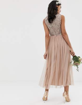 maya cap sleeve midaxi dress with applique delicate sequins in taupe blush