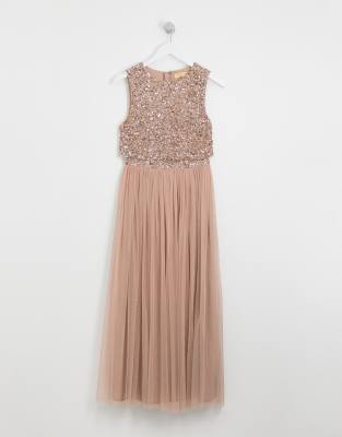 maya cap sleeve midaxi dress with applique delicate sequins in taupe blush