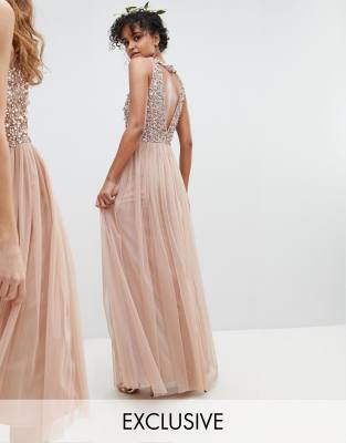 maya cut out back sequin and tulle maxi dress