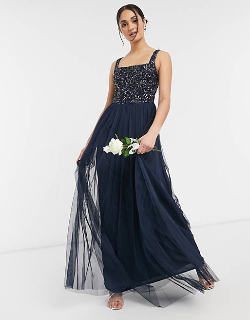 Maya Bridesmaid sleeveless square neck maxi tulle dress with tonal delicate sequin overlay in navy