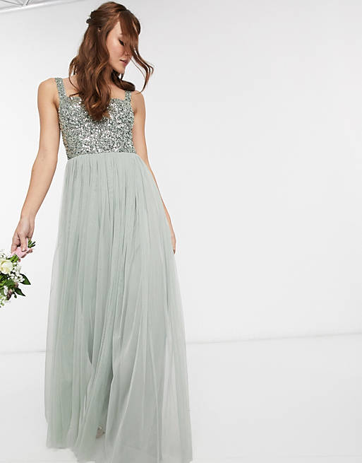 Maya Bridesmaid sleeveless square neck maxi tulle dress with tonal delicate sequin overlay in sage green
