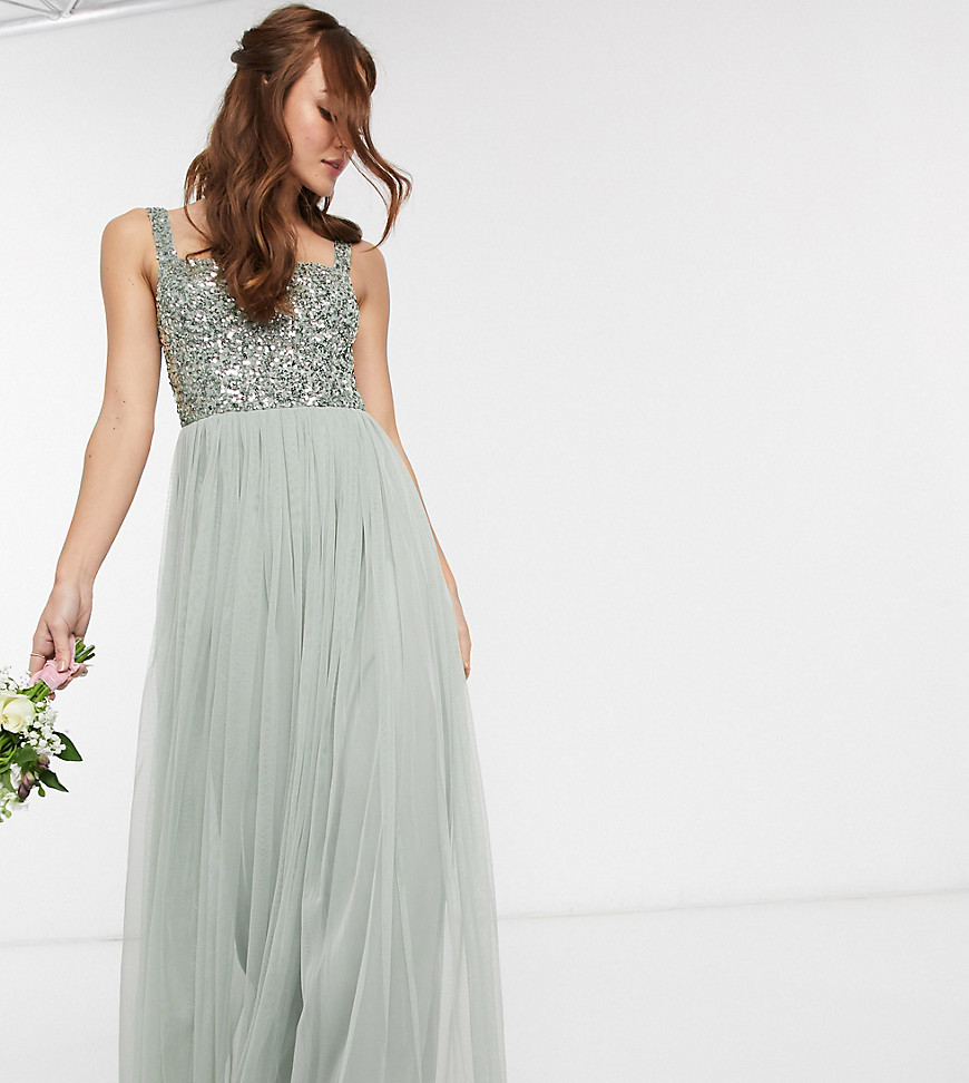 Maya Bridesmaid sleeveless square neck maxi tulle dress with tonal delicate sequin overlay in sage green