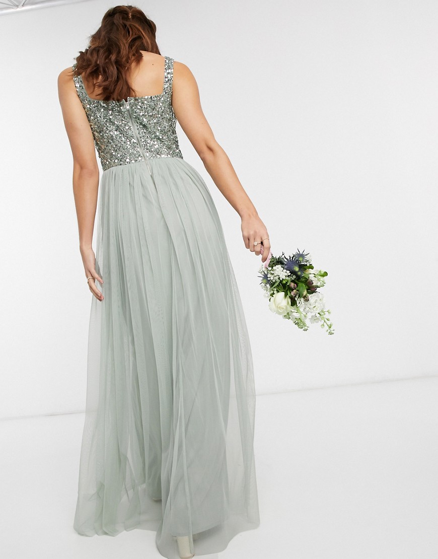 Alternative product photo of Maya bridesmaid sleeveless square neck maxi tulle dress with tonal delicate sequin overlay in sage g