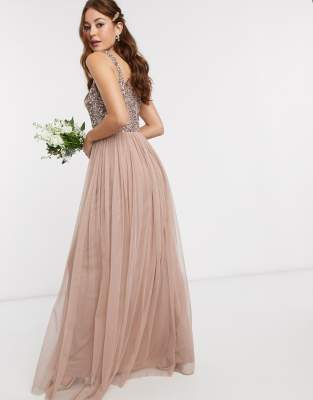 Maya Bridesmaid sleeveless square neck maxi tulle dress with tonal delicate  sequin overlay in taupe blush