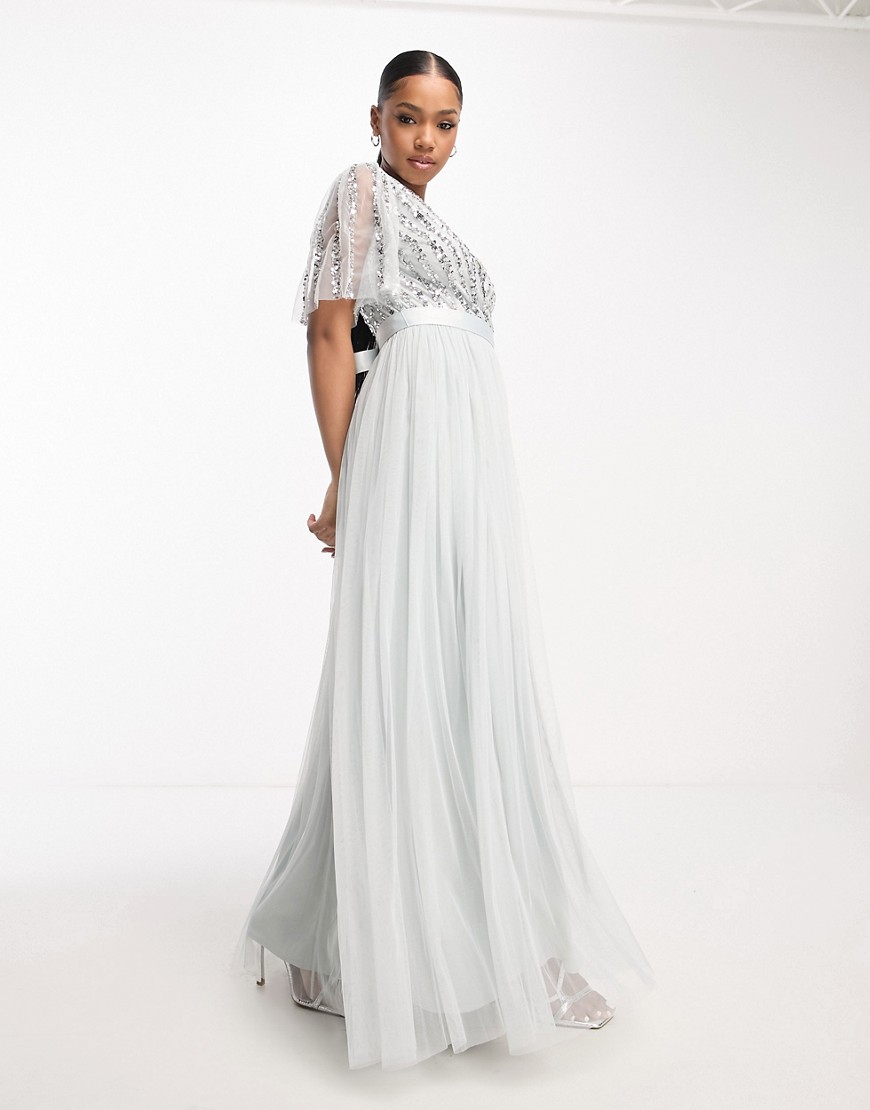 Bridesmaid stripe sequin maxi dress in pale gray