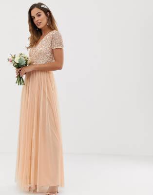 Maya Bridesmaid V neck maxi dress with delicate sequin in soft peach-Pink