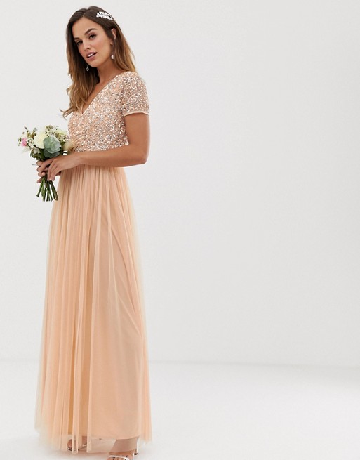 Maya Bridesmaid V neck maxi dress with delicate sequin in soft peach