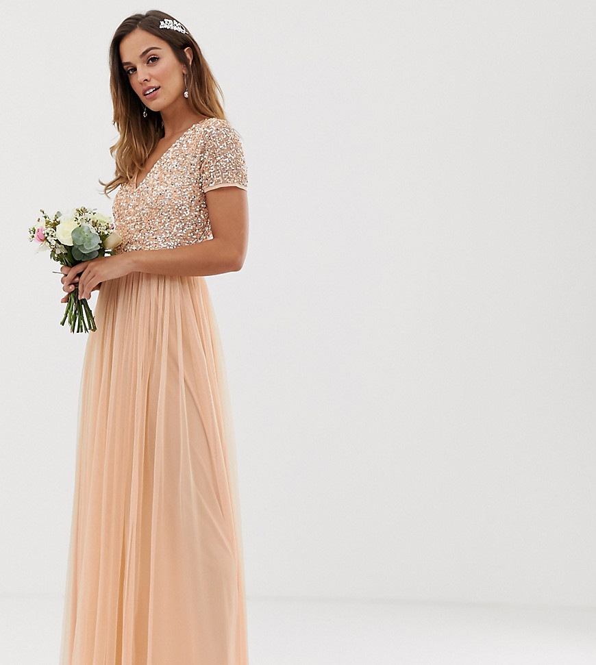 Maya Bridesmaid V neck maxi dress with delicate sequin in soft peach-Pink