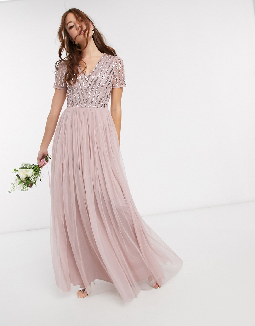 Maya Bridesmaid v neck maxi dress with tonal delicate sequin in pink