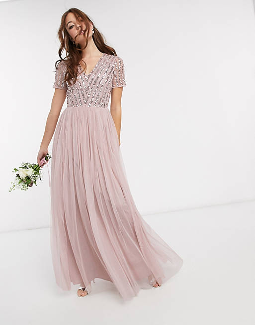  Maya Bridesmaid v neck maxi dress with tonal delicate sequin in pink 